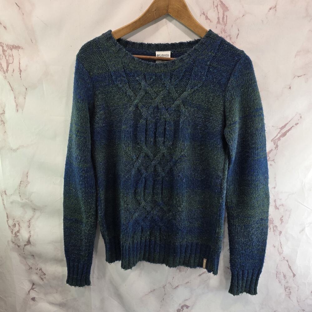 Vintage Columbia Sweater Womens Small Blue Green Wool Cable Knit Crew 90s Y2K